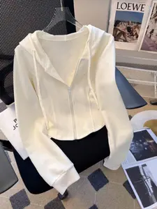 Women's Fashion Solid Color Long Sleeve Zipper Hooded Casual Jacket, Spring and Fall Outerwear, Stylish and Comfortable Design
