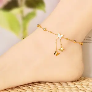 Titanium steel plated with 18k gold tassel butterfly anklet for women, imitation zircon double-sided bead chain shell anklet