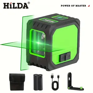 HILDA2-Line Green Laser Level, Self Leveling LaserLevel with 3 Brightness Modes, Rechargeable Battery, Magnetic Bracket, Carry Bag & USB Cable – Cross Line Wall Laser Level Tool for Tiling, Hanging Pictures & Construction – Nivel Laser, Lazer Leveler Tool