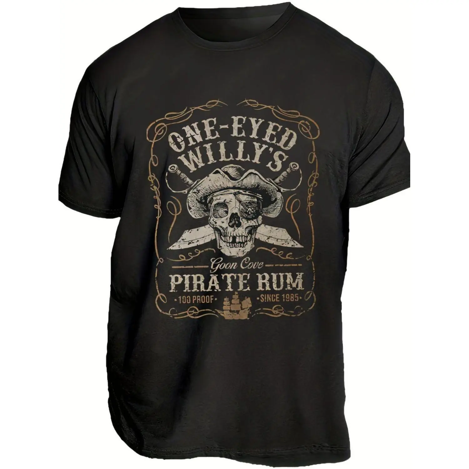 ONE-EYED WILLY'S Pirate Rum Graphic T-Shirt - Vintage Style Black Tee with Skull and Crossed Swords, Retro Inspired Design for Pirate Lovers - Ideal for Halloween, Costume Parties, and Casual Wear