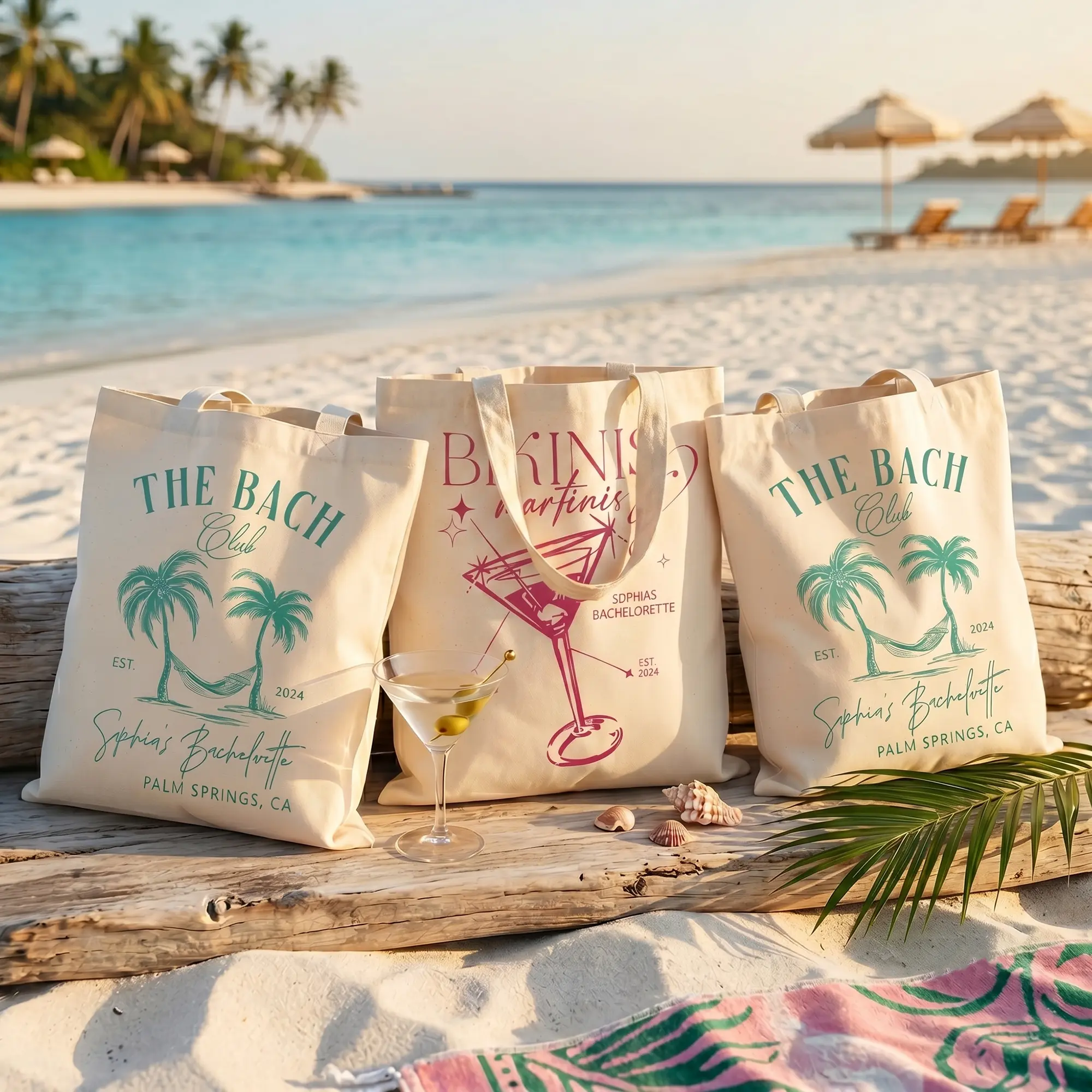 RodyThread Custom Bachelorette Bag Canvas Tote Bag for Bride and Bridesmaids Girls Trip Tropical Desert Party Palm Springs Aesthetic Natural Cotton Canvas Beach Tote Bach Club Custom Gifts for Her Hawaii Getaway Swag Bag Large Capacity Bridal Favors