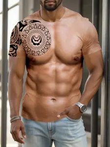 Men's Casual Round Neck Short Sleeve T-Shirt, 3D Muscle Print Design, Fitted Long Clothing, All Seasons Wear, No Ca Prop 65