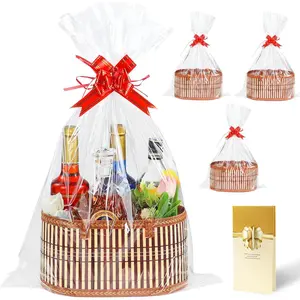 3 Set Baskets for Gifts Empty, Large Woven   Basket Kit with Handles, Sturdy Empty  Baskets to Fill for Mothers Day, Birthday Party Wrapping  -3 Cellophane Wrap Bags with  Card