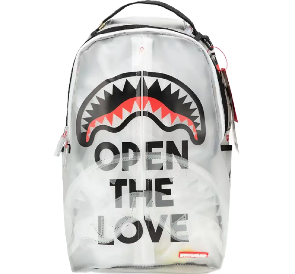 PrayGround Shark Backpack, transparent PVC backpack with shark mouth print, “OPEN THE LOVE” letter graphic, waterproof hip hop street-style large-capacity student travel daypack for youth