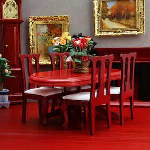 1:12 Mini Dollhouse Dining Table with Five High Back Chairs Oval Table Kitchen Decor Christmas Easter New Year Gift Wooden Doll House