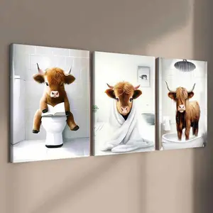 3-Piece Cute Cow Bathroom Poster Set, Fun Animal Wall Art Decor, Modern Art Living Room Decoration, Modern Home Decor, Ideal Gift, High-Definition Waterproof Prints