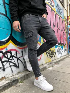 SRETOUU Men’s High Street Fashion Slim Fit Cargo Jeans Men Multiple Pockets Solid Color Stretch Denim Long Pants Streetwear Menswear Classic