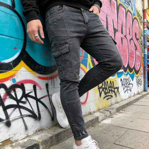 SRETOUU Men’s High Street Fashion Slim Fit Cargo Jeans Men Multiple Pockets Solid Color Stretch Denim Long Pants Streetwear Menswear Classic