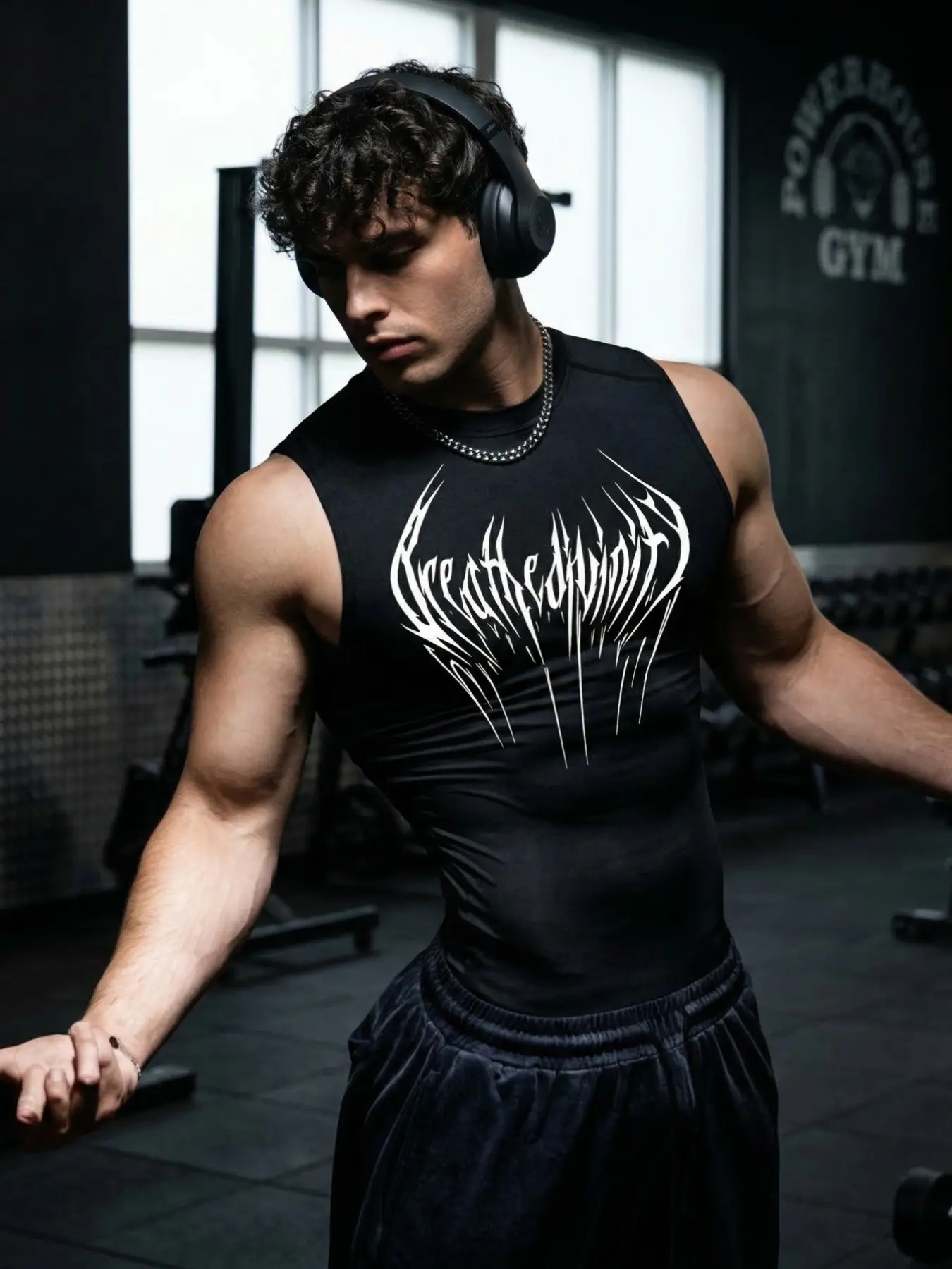 Men’s Sleeveless Gym T-Shirt, Gothic Print, High Stretch, Muscle Fit, Breathable Polyester Blend, Ideal for High-Intensity Training, Gym & Streetwear, Black, Fitness Vest, Sports Tank Tops