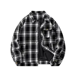 Spring and Autumn Casual Outdoor Jacket Black and White Plaid Print Button Commuter Trendy Jacket