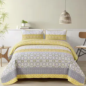 Boho Quilt Set King, Yellow Bohemian Striped Patchwork Bedspread Coverlet Set with 2 Pillowcases,Lightweight Microfiber Floral Bedding Set For all Seasons.
