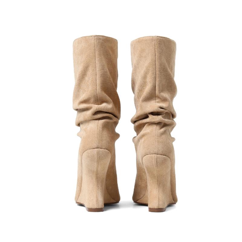 Custom Made Women Beige Faux Suede Slouch Peep Toe Wedge Mid Calf Boots Curved Heel Wide Calf Retro Style Slim Leg For Date Party Live Stream Match Skirts Jeans Multi US Sizes