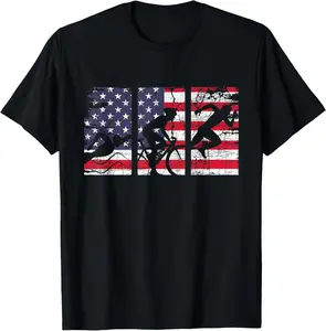 Triathlon USA Flag - Triathlete Athlete Sports Swim Run Bike Casual Short Sleeve Cotton T-Shirt