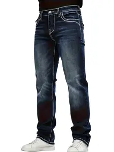 Men's Slim Straight Dark Wash Jeans with Thick Contrast Stitching for Comfort and Style