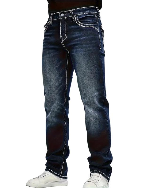 Men's Slim Straight Dark Wash Jeans with Thick Contrast Stitching for Comfort and Style