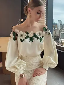 Stylish mesh patchwork shirt for women, autumn 2025 new model, with elaborate floral embroidery, unique and beautiful blouse