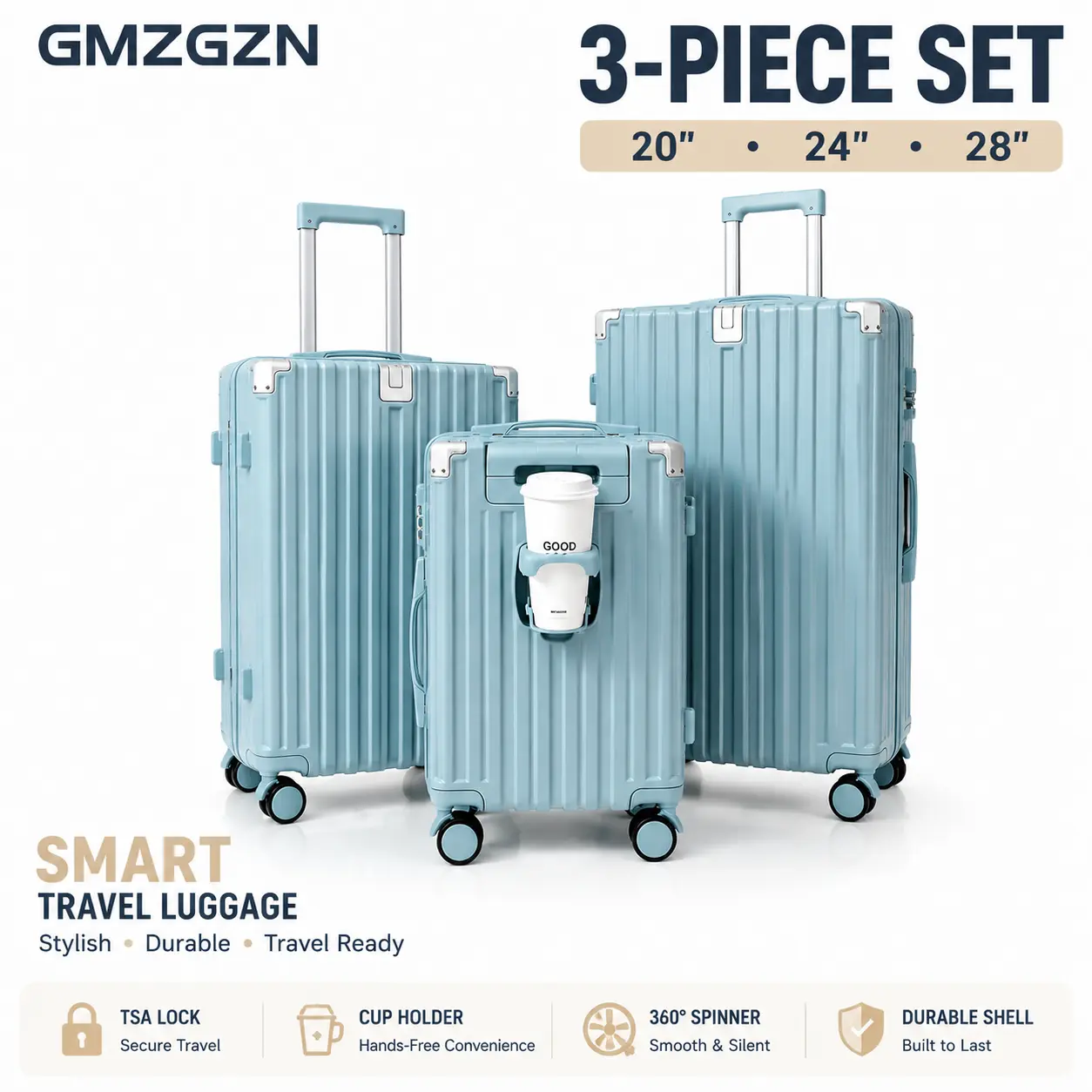 GMZGZN 3-Piece Hardshell Travel Bag Set - TSA Approved, Quiet Operation, Combination Lock, USB Port, Cup Holder, PC+ABS Shell, 20/24/28in Spinner Wheels, Adjustable Travel Luggage, Carry On Trolley, Lightweight, Hard Sided Luggage With Spinner Wheels, Lug