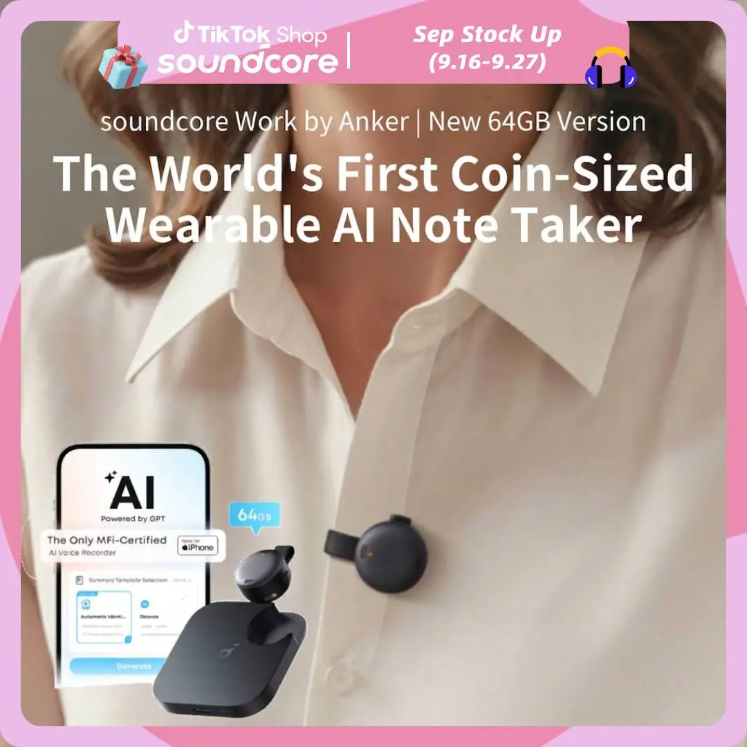 soundcore Work AI Smart Voice Recorder by Anker, Portable Bluetooth Wearable Note Taker for Meetings, Transcribe & Summarize, MFi Certified, 64GB, 150+ Languages, USB-C Charging, Manufacturer Warranty #tiktokshopsummersale, Portable Recorder, Manufacturer