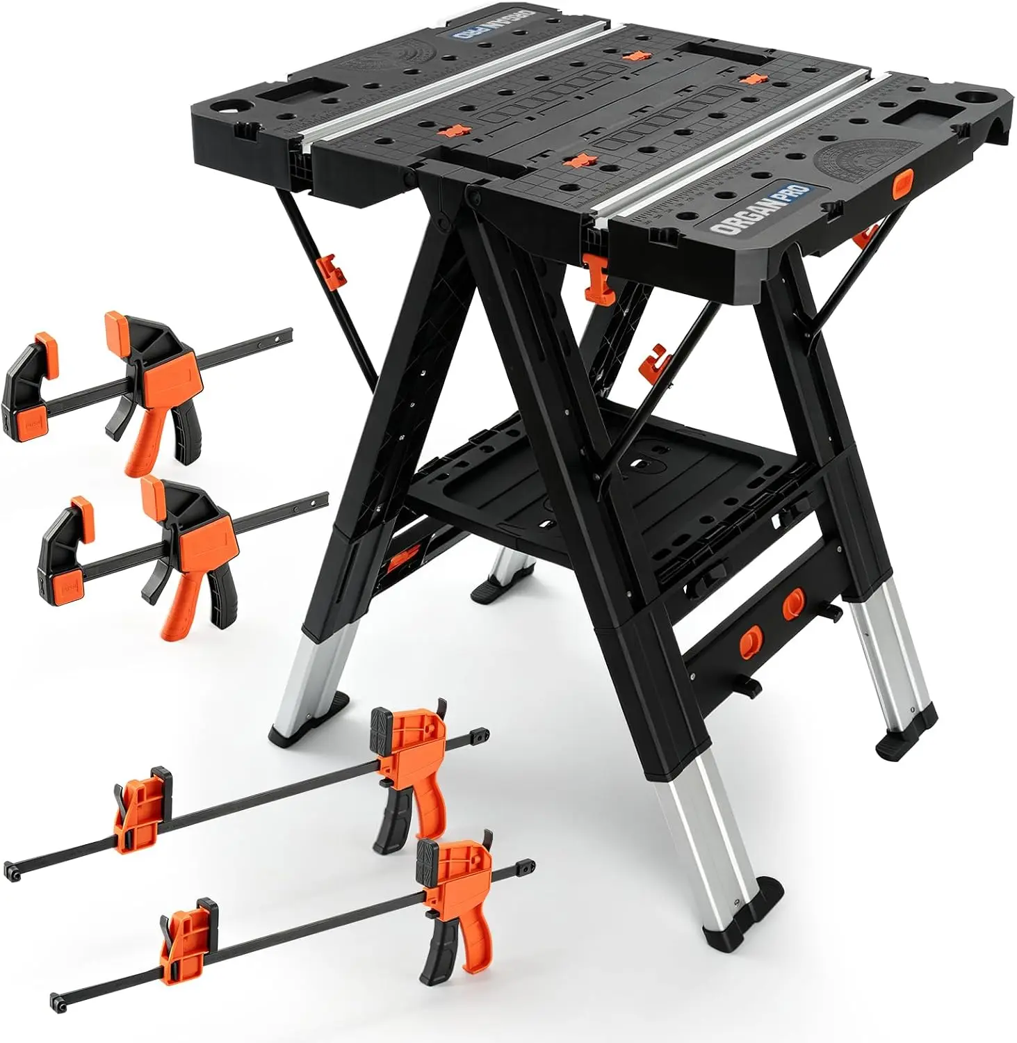 Portable Folding Workbench & Sawhorse 2-in-1 for woodworking, 800 LBS Heavy Duty | 31” W×25” D Adjustable Height 32”-35.6” Garage Work Bench with 4 Wood Clamps, Easy Setup Woodworking Worktable with Aluminum Legs
