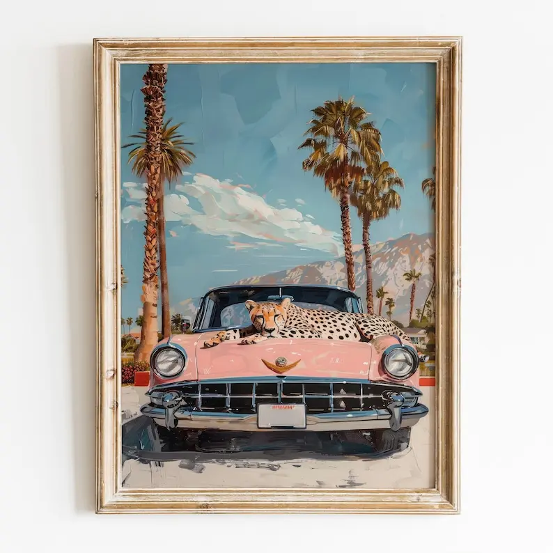 Cheetah Girly  Wall Art, Retro Palm Springs Print, Preppy Room Decor, Funky Leopard Poster, Trendy Summer Wall Art
