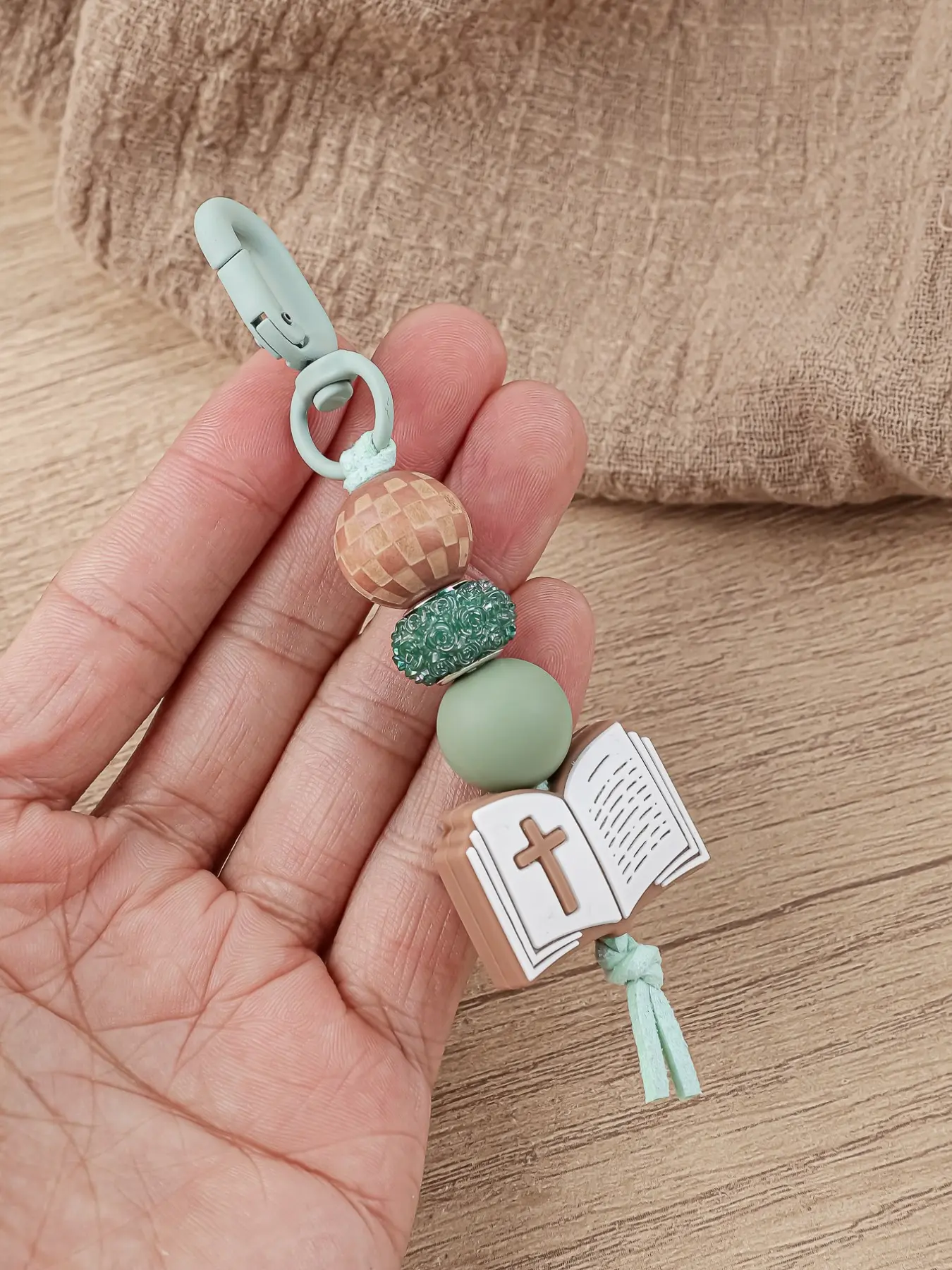 Christian Bible Cross Keychain, Keyrings, Faith Beaded Wristlet, Religious Boho Bag Charm, Mother's Day Gift, 1 Count