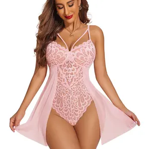 Avidlove Hot Lingerie For Women Floral Snap Crotch Chemise Nightie Lace Nightgown Soft Polyester Mesh Bodysuit with Adjustable Straps