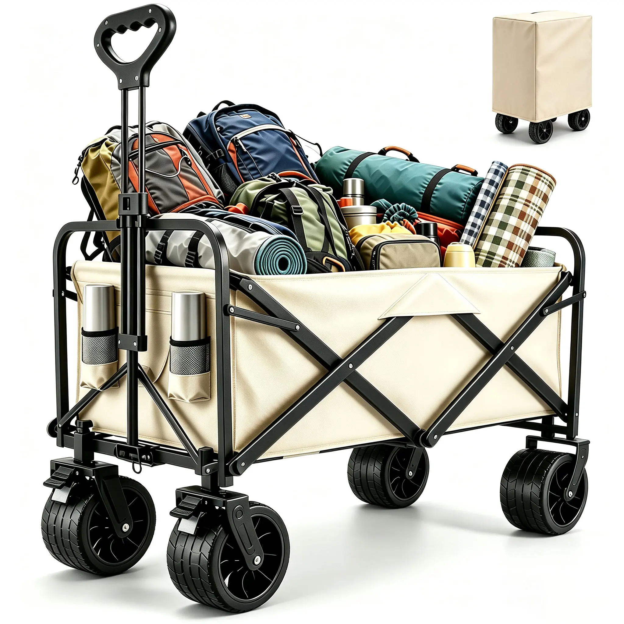 Heavy Duty Foldable Wagon Cart 440LBS All-Terrain Utility Trolley with Brakes Cup Holders Adjustable Handle Collapsible Outdoor Cart for Camping Gardening Grocery Yard Work