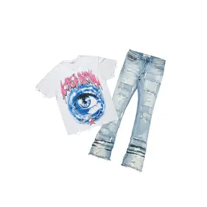 Pello White/Blue Oversized T-Shirt/Super Stacked Flare Jean Bundle