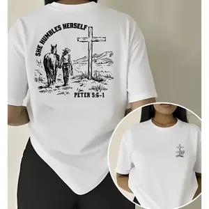 Womens Western Cowgirl Faith Cotton Tee Bible Verse Peter 5 6 1 She Humbles Herself Country Rustic Casual Loose Fit Graphic Shirt