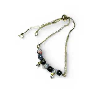 Orange Flame Agate Gold Charmed Slider Bracelet with Beaded Design and Adjustable Chain