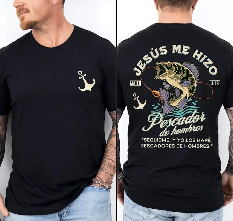 2 Sided Printing Pescador Hombres T-shirt: Christian Fishing Design for T-shirt