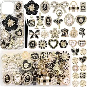 Junk Case Charms Kit Black Vintage Bow Flower Big Charm for Junk Cases Elegant Heart Butterfly Phone Case Charms 3D Flatback Rose for Customizing DIY Craft