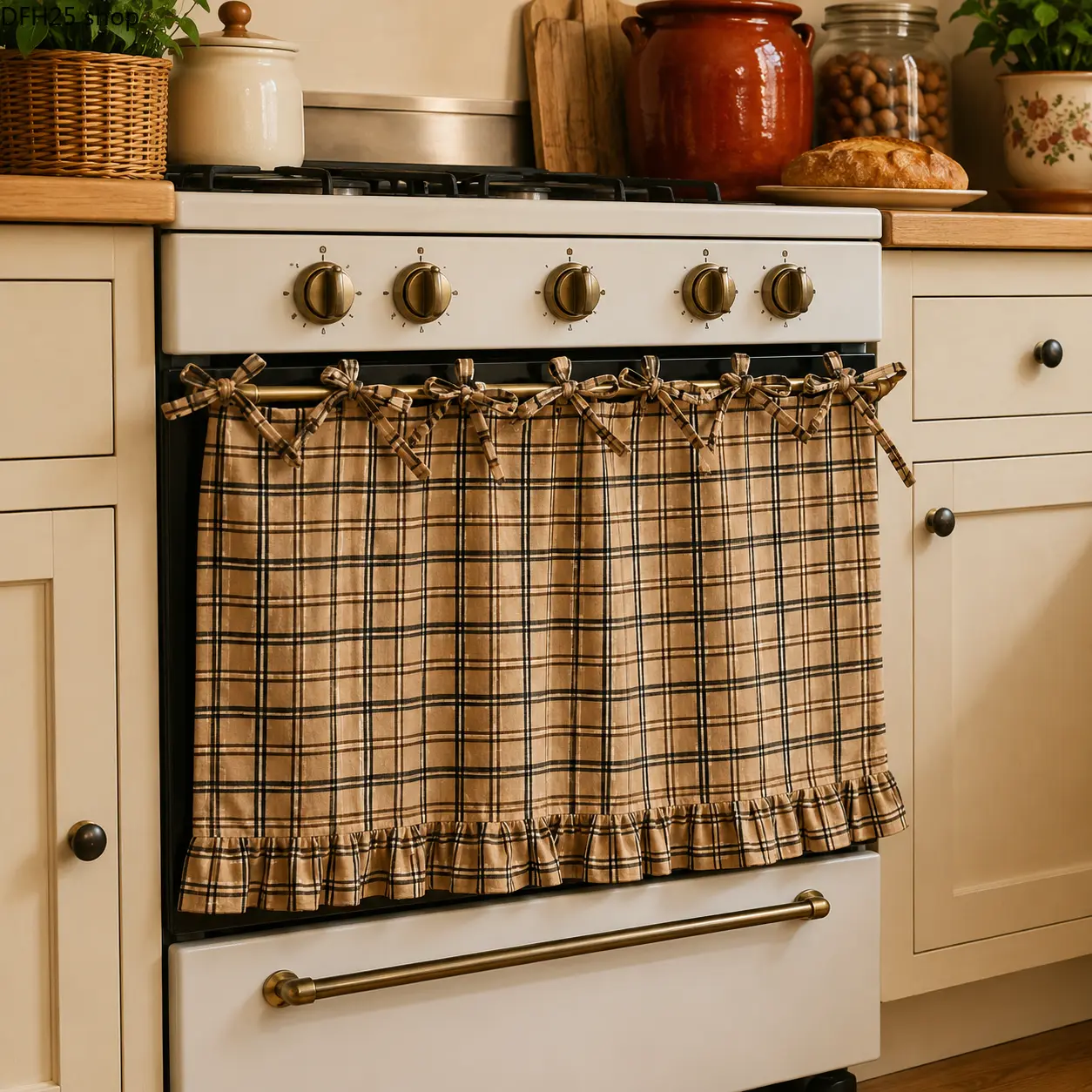 Handmade Pleated Oven Skirt, Classic Farmhouse Style Kitchen Curtain, Heat Resistant Decorative Cover for Household Cooking Appliances, Practical Ornament for Kitchen Space Decoration Dustproof Design Dustproof Slipcover
