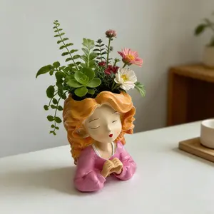 Cute Girl Flower Pot with Floral Decoration, Resin Desktop Decor, Ideal for Succulents, Home, Office, Graduation Gift, Handmade Cartoon Style
