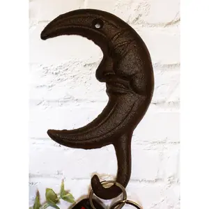 Pack Of 3 Rustic Cast Iron Celestial Half Crescent Moon With Face Wall Hooks