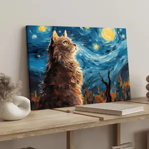 Van Gogh Style Cat Shadow Poster, Modern Art Canvas Print, Artistic Wood Waterproof Wall Decor, Wall Art Painting, Modern Home Decoration for Living Room & Bedroom, Ideal Gift Idea, Artwork