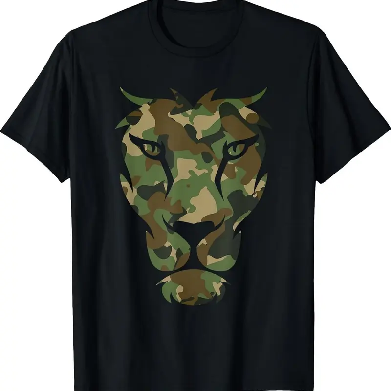 2026 New Arrival Men's Cotton Graphic Tee - Breathable Soft Round Neck Short-Sleeve Camouflage Lion Head T-Type Dad Top, Outdoor Casual Streetwear, Ideal Gift for Guys Back to School
