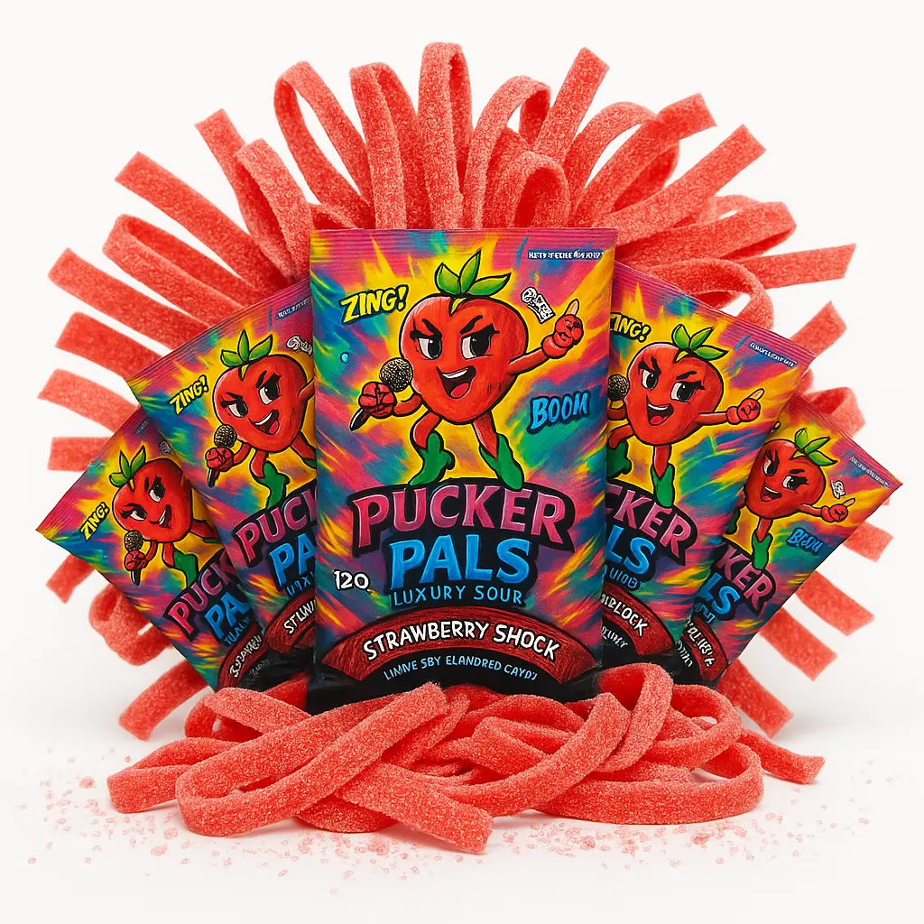 Pucker Pals Strawberry Sour Strips – 5 Pack Extreme Sour Candy, Chewy Gummies Gummy Worms Style Candy, Bold Fun Belts With Punch for Kids, Boys, Girls, Teens & Adults, Halloween & Stocking Stuffers