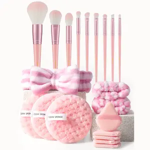 20Pcs Aesthetic makeup brushes set for Youth Sensitive Skin - 9Pcs Soft Synthetic Makeup Brushes, Reusable Clean Sponges, Beauty Eggs, Bow Fleece Headband, Hair Wrist Bands - Beginner Daily Cosmetic Gift Set for Christmas, Valentine’s Day, Birthdays