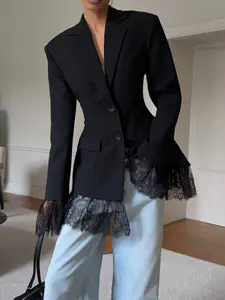 Women's Pure Color Woven Fabric Lace Patchwork Button Waistcoat Jacket, Office Evening Date Formal Banquet Fall Winter