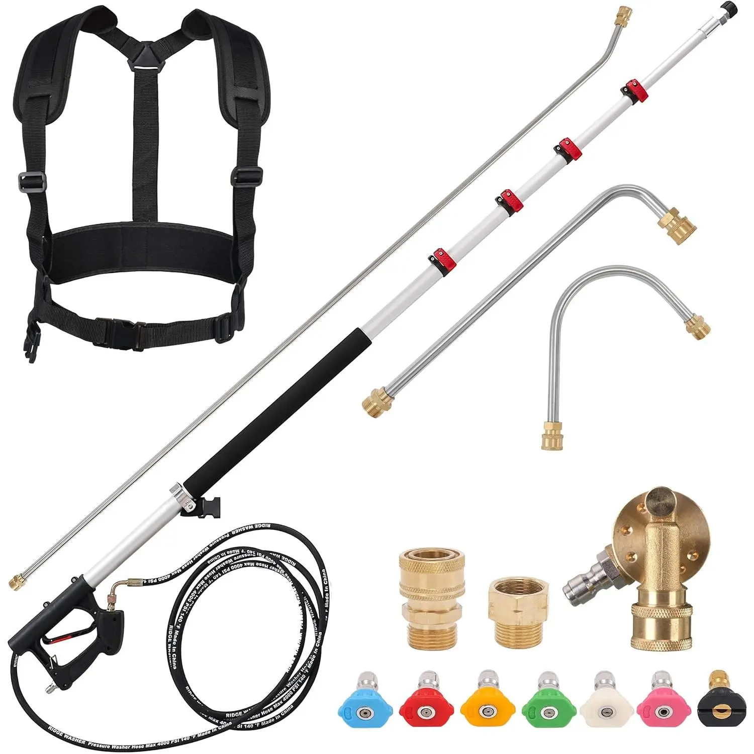 24 FT Telescoping Pressure Washer Wand, Pressure Washer Extension Wand, Telescopic Gutter Cleaner With 3 Curve Wands, 7 Spray Nozzle Tips, Adjustable Support Belt and 2 Adapters, 4000 PSI