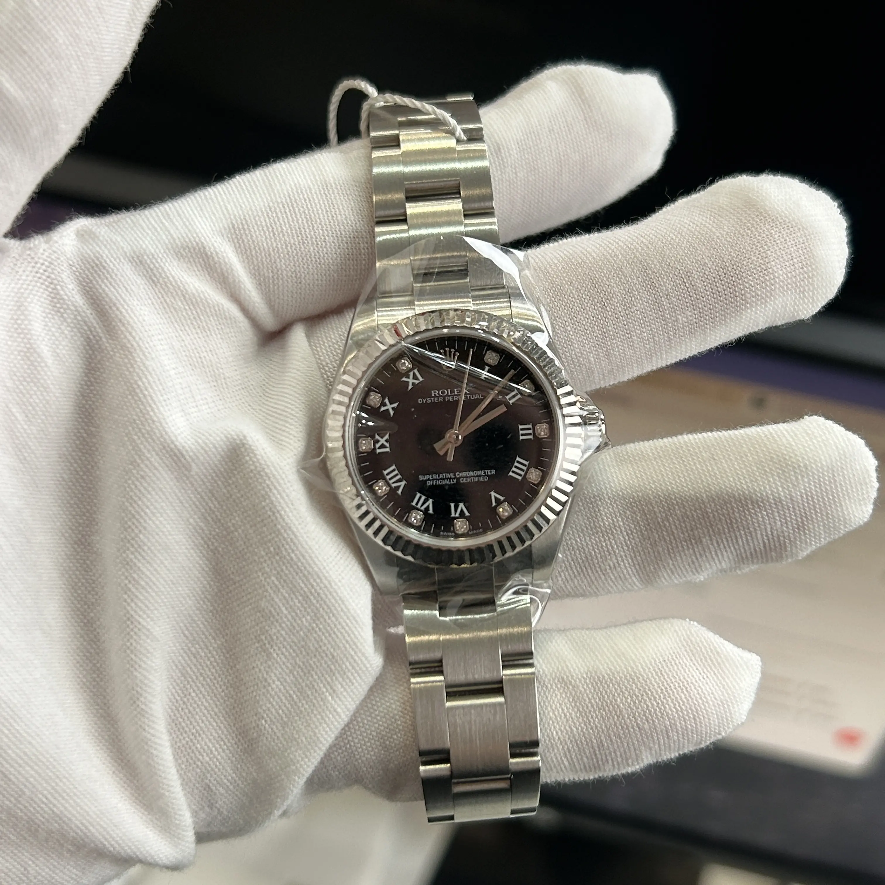 Rolex Oyster Perpetual 31 177234 Stainless Steel & White Gold Fluted Bezel Black Roman Diamond Dial Oyster Bracelet WHT031880