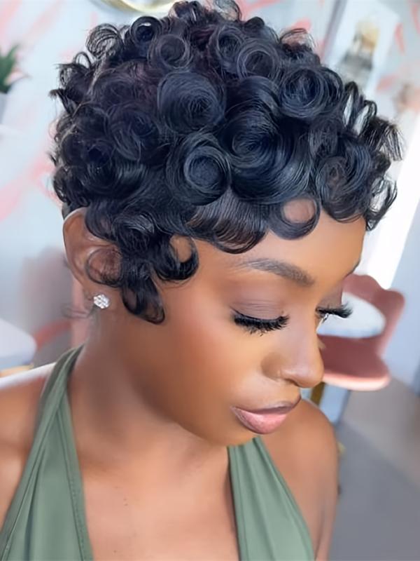 Human Hair Pixie Cut Wig, Short Curly Wavy Wig with Bangs, Natural, Rose Net Cap, Elegant Style for Women, Daily Use, Pixie Wigs Human Hair Pixie Cut Wig, Short Curly Wavy Wig with Bangs, Natural, Rose Net Cap, Elegant Style for Women, Daily Use, Pixie Wigs