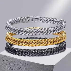 316L Stainless Steel Bracelet 10mm Wide Cut Double Curb Link Rombo Chain For Mens Black Gold Color