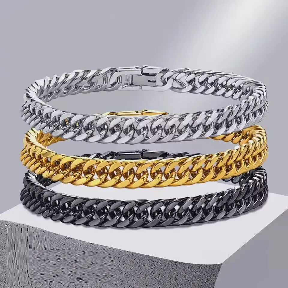 316L Stainless Steel Bracelet 10mm Wide Cut Double Curb Link Rombo Chain For Mens Black Gold Color