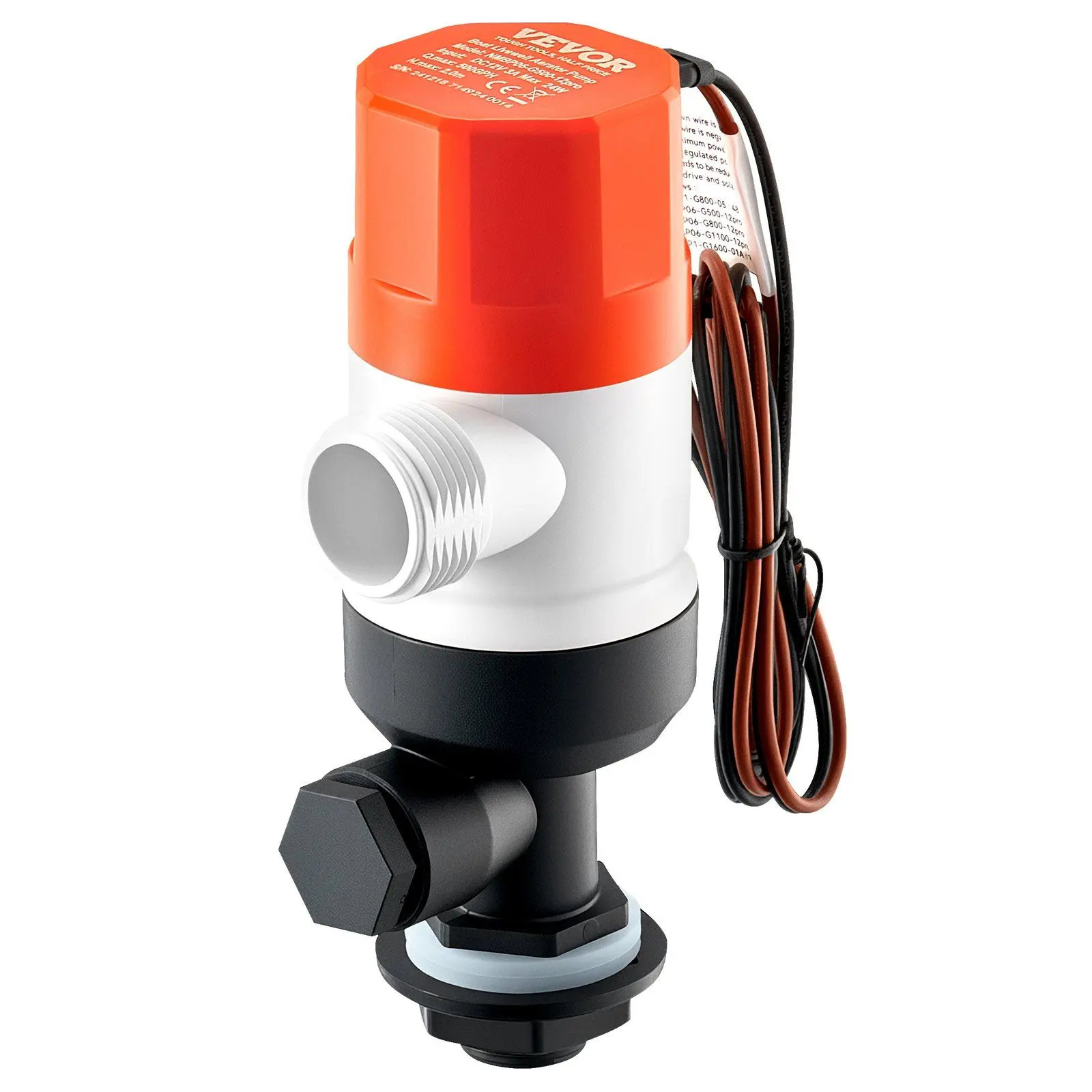 VEVOR 12V 500 GPH Livewell Pump, Corrosion Resistant Live Fish Aerator Pump with Durable ABS Housing & Dual Inlets for Fishing Boats