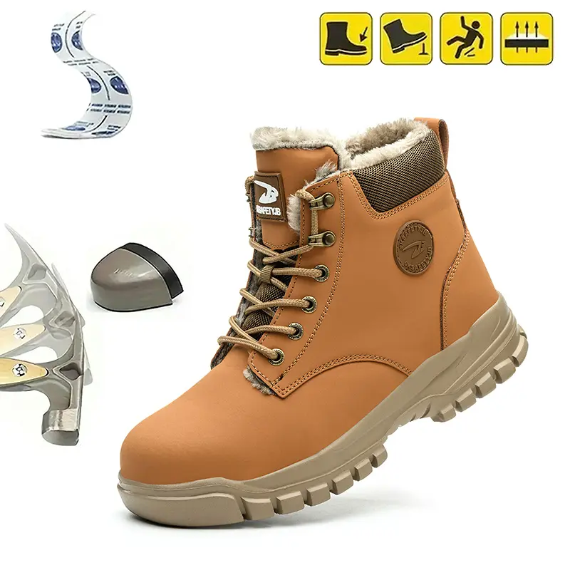 Men's PU Leather Steel Toe Footwear - Sturdy Athletic Round Toe Work Boots, Waterproof, Anti-Skid, Puncture Resistant, Warm Insulated, Wear-Resistant, Heavy-Duty All-Seasons Shoes with Rotating Buckle Laces