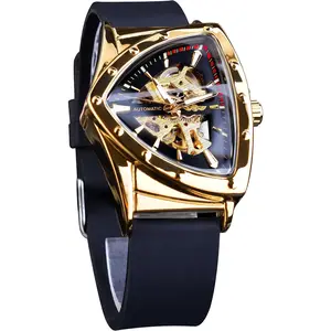 Skeleton Watches for Men, Automatic Mechanical Watch with Triangle Dial, Luminous Self Winding Watches Stainless Steel Bracelet or Soft  Strap