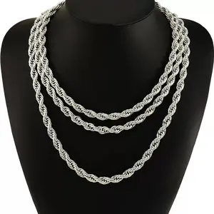 24 Inch Silver Tone Twisted Rope Chain Necklace 3 Different Widths Hip Hop Style for Men