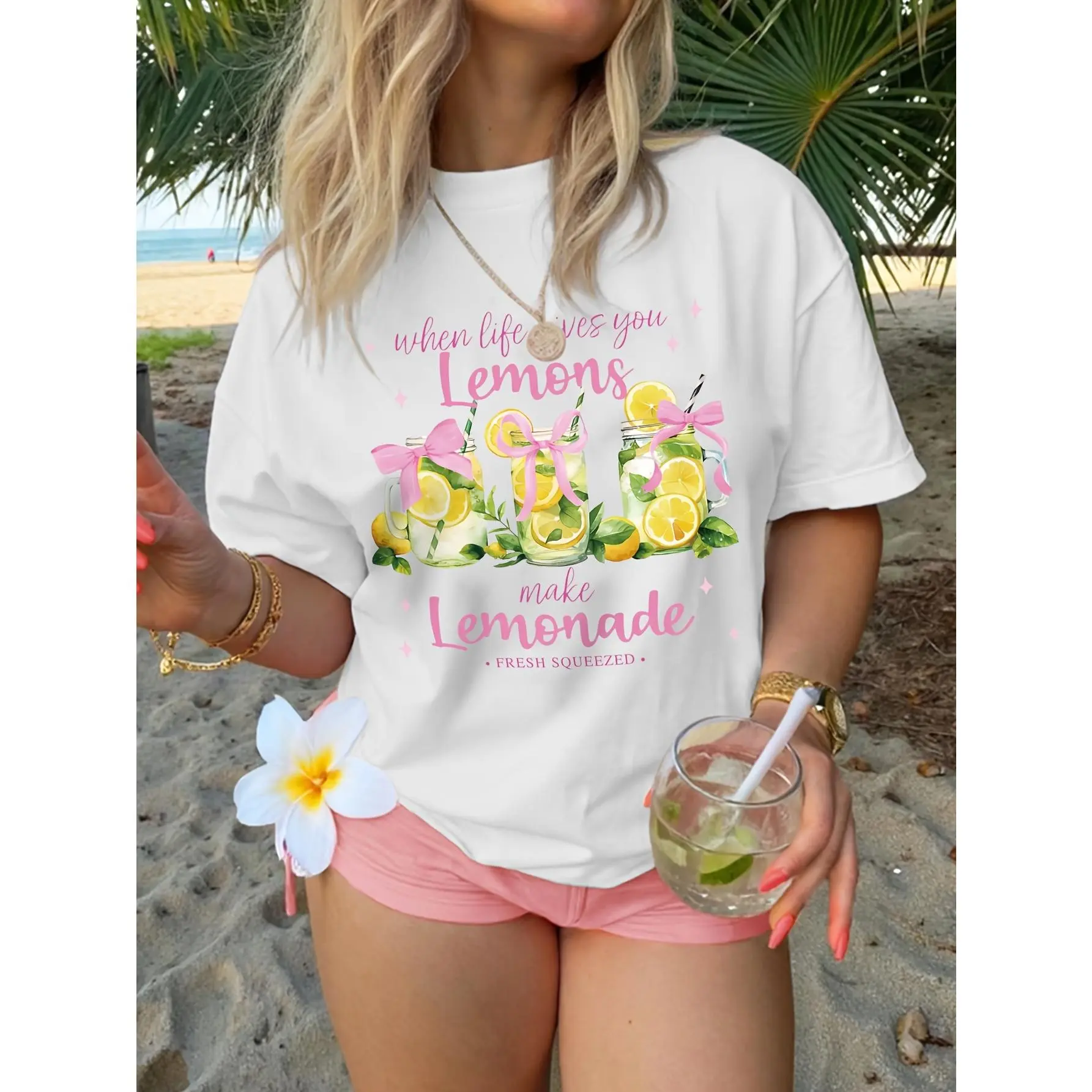 Women's Oversized Cotton Lemon Lemonade Print Tee, Casual Crew Neck Short Sleeve Soft Comfortable Streetwear Top, Ideal for Beach Vacation & Daily Wear Aesthetic Summer Outfit, Fabric, Graphic